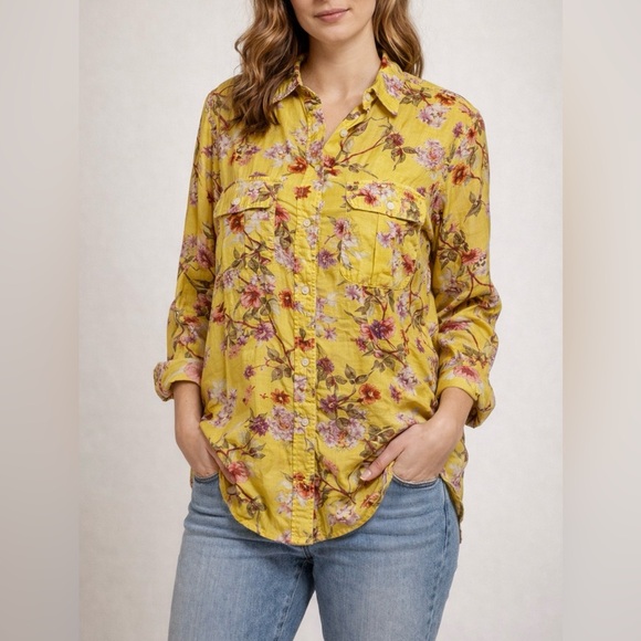 Lauren Ralph Lauren Tops - Lauren Ralph Lauren Yellow Floral Button Down Shirt 2X Cotton Blend Blouse